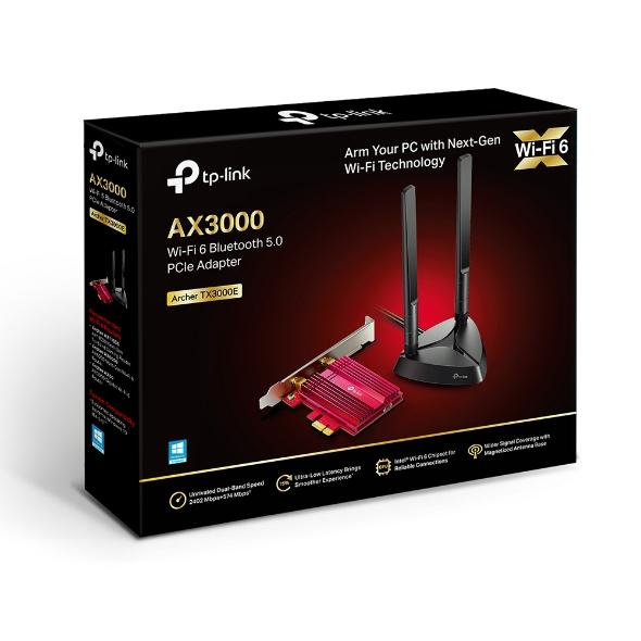 TP-Link Archer TX3000E AX3000 Wi-Fi 6 PCIe card with antennas and heatsink, showcasing advanced technology for high-speed internet.